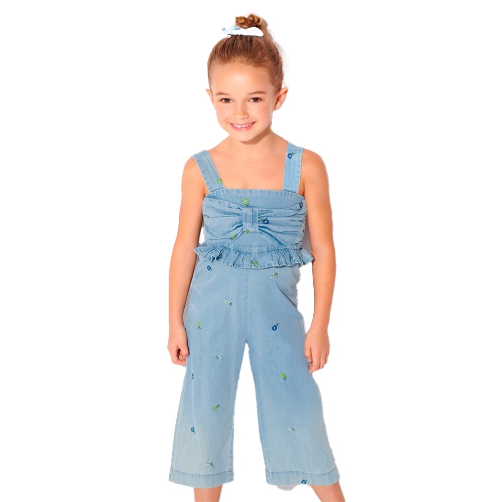 Size 7 Girls Mayoral Denim Blue Kids Jumpsuit with Embroidery